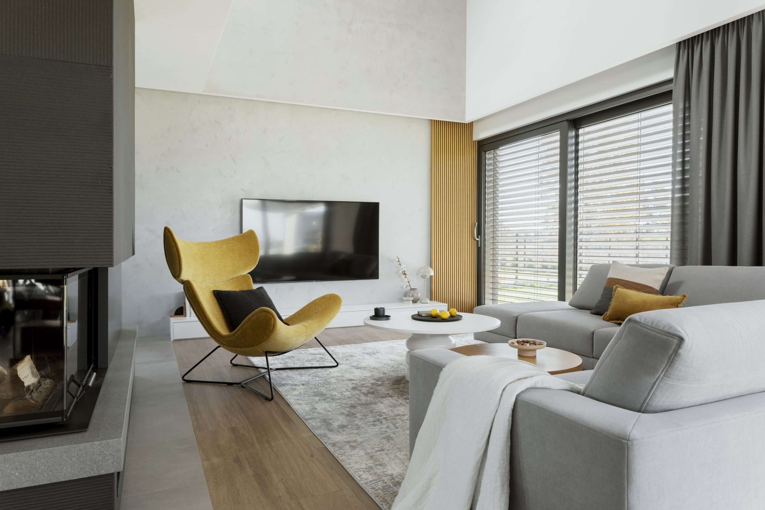 Creative living room interior composition with corner sofa,  yel VVS Laholm